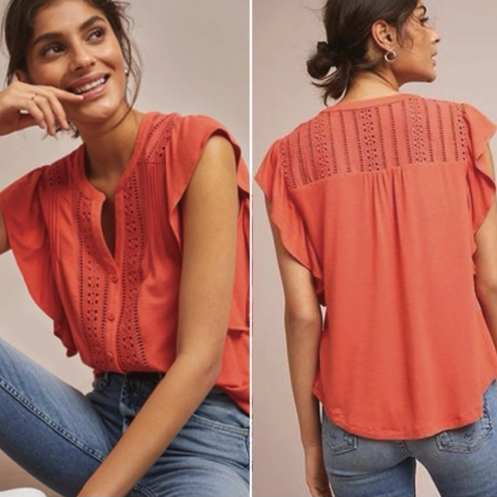 Anthropologie Maeve Kailana Top Small Flutter Sleeve Button Front Soft Coral